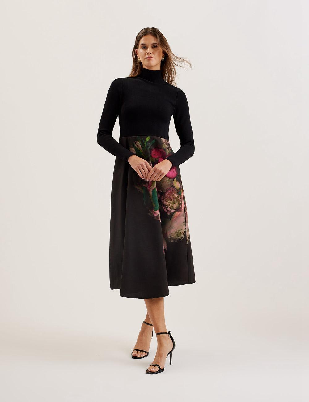 Vestido A Media Pierna Ted Baker ASNES - Knit Bodice With Printed Skirt Mujer Negras | WSPI-26394