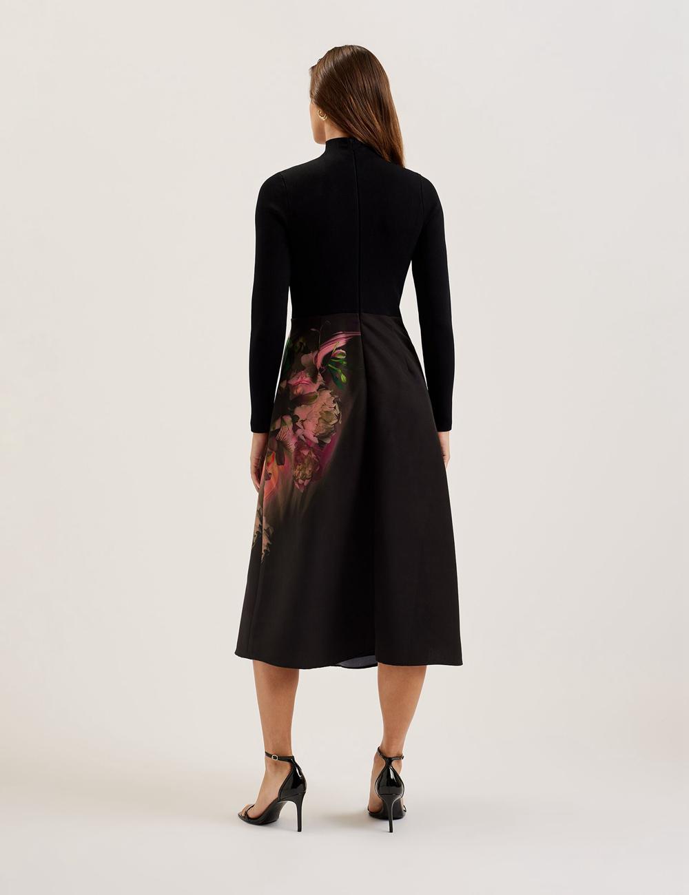 Vestido A Media Pierna Ted Baker ASNES - Knit Bodice With Printed Skirt Mujer Negras | WSPI-26394