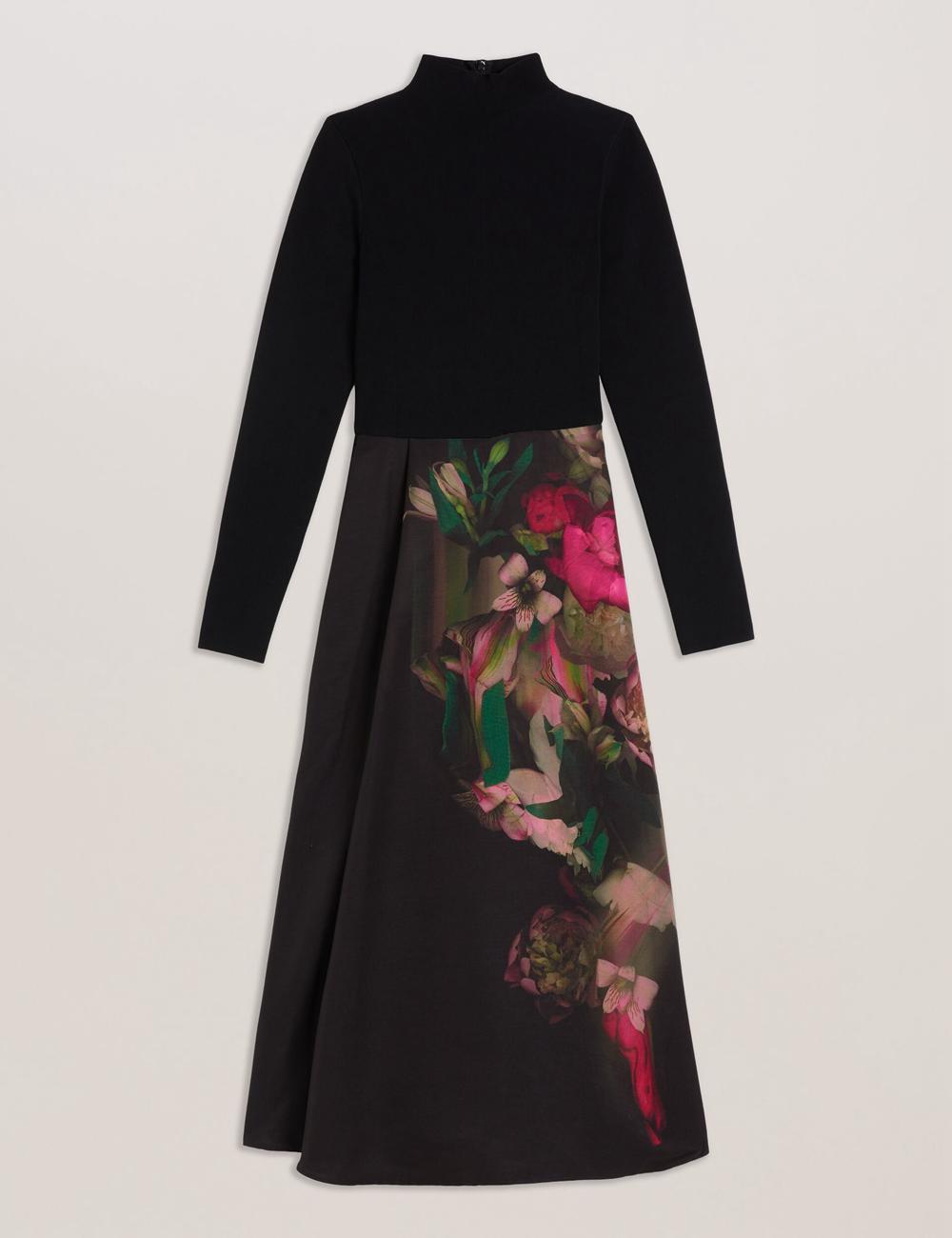 Vestido A Media Pierna Ted Baker ASNES - Knit Bodice With Printed Skirt Mujer Negras | WSPI-26394
