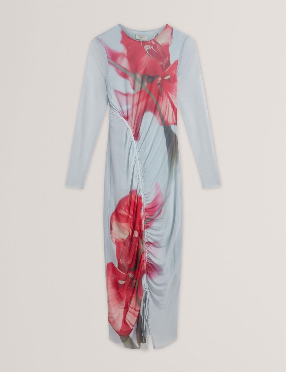 Vestido A Media Pierna Ted Baker BOXNINE - Printed Mesh Gathering Bodycon Mujer Azules | DTAL-94831