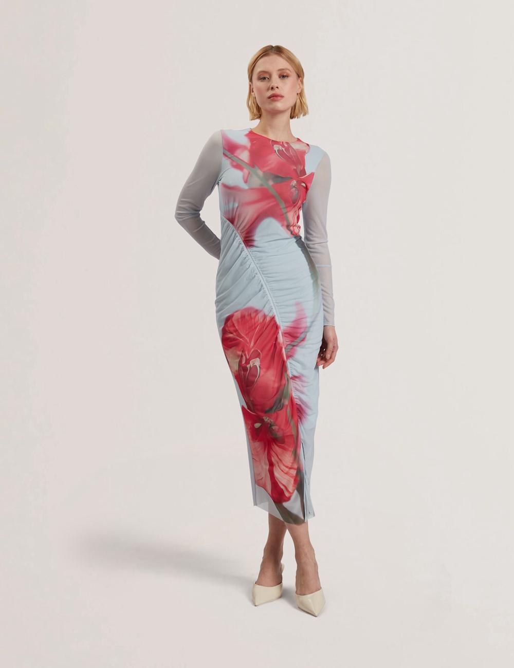 Vestido A Media Pierna Ted Baker BOXNINE - Printed Mesh Gathering Bodycon Mujer Azules | DTAL-94831