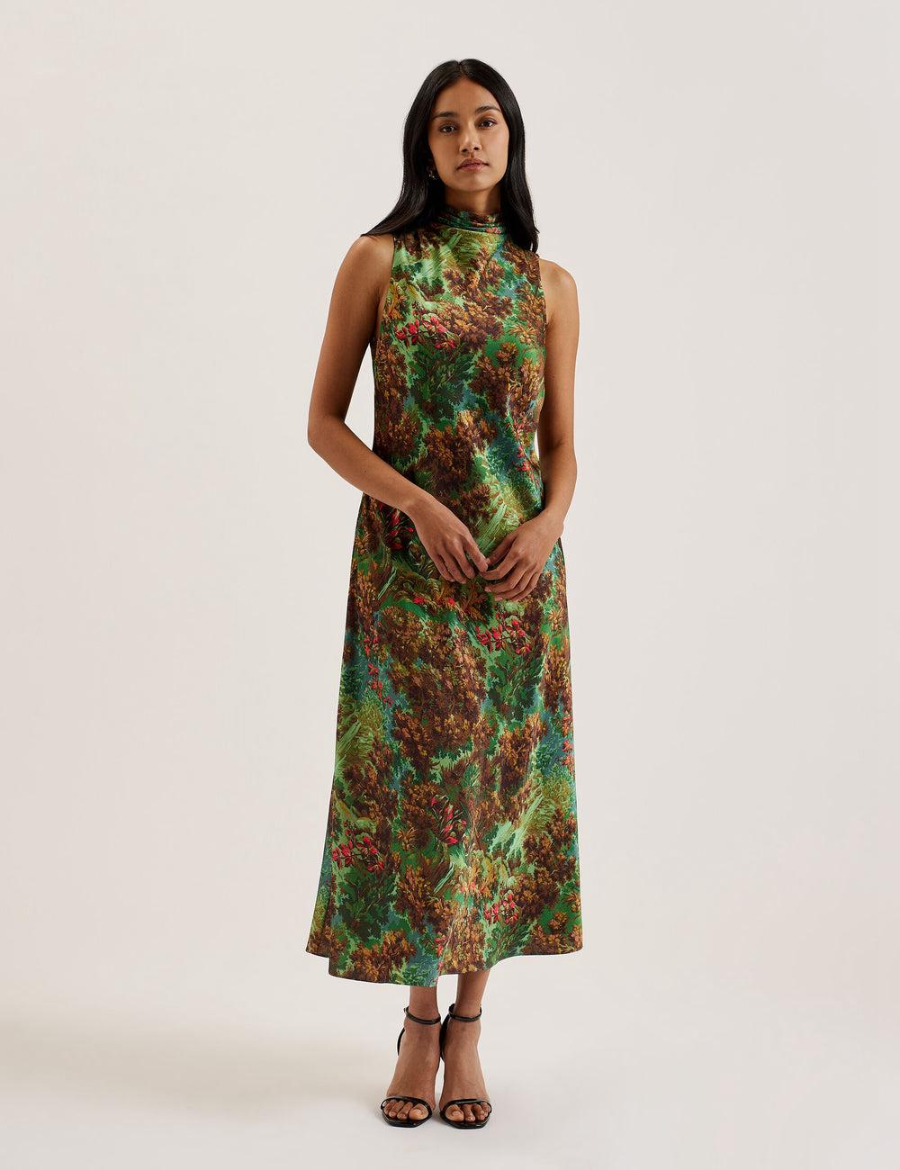 Vestido A Media Pierna Ted Baker EYVA - Satin Printed High Neck Midi Slip Mujer Verde | SPYX-63028