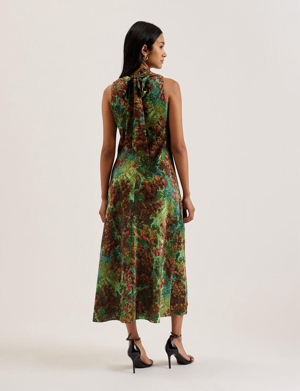 Vestido A Media Pierna Ted Baker EYVA - Satin Printed High Neck Midi Slip Mujer Verde | SPYX-63028