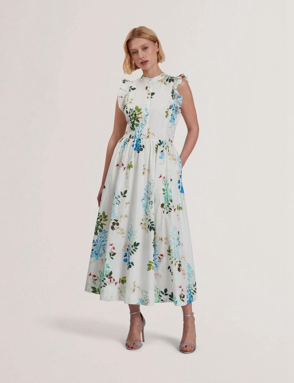 Vestido A Media Pierna Ted Baker GIOLIA - Sleeveless Floral Cotton A-Line Mujer Blancas | EHQK-82439