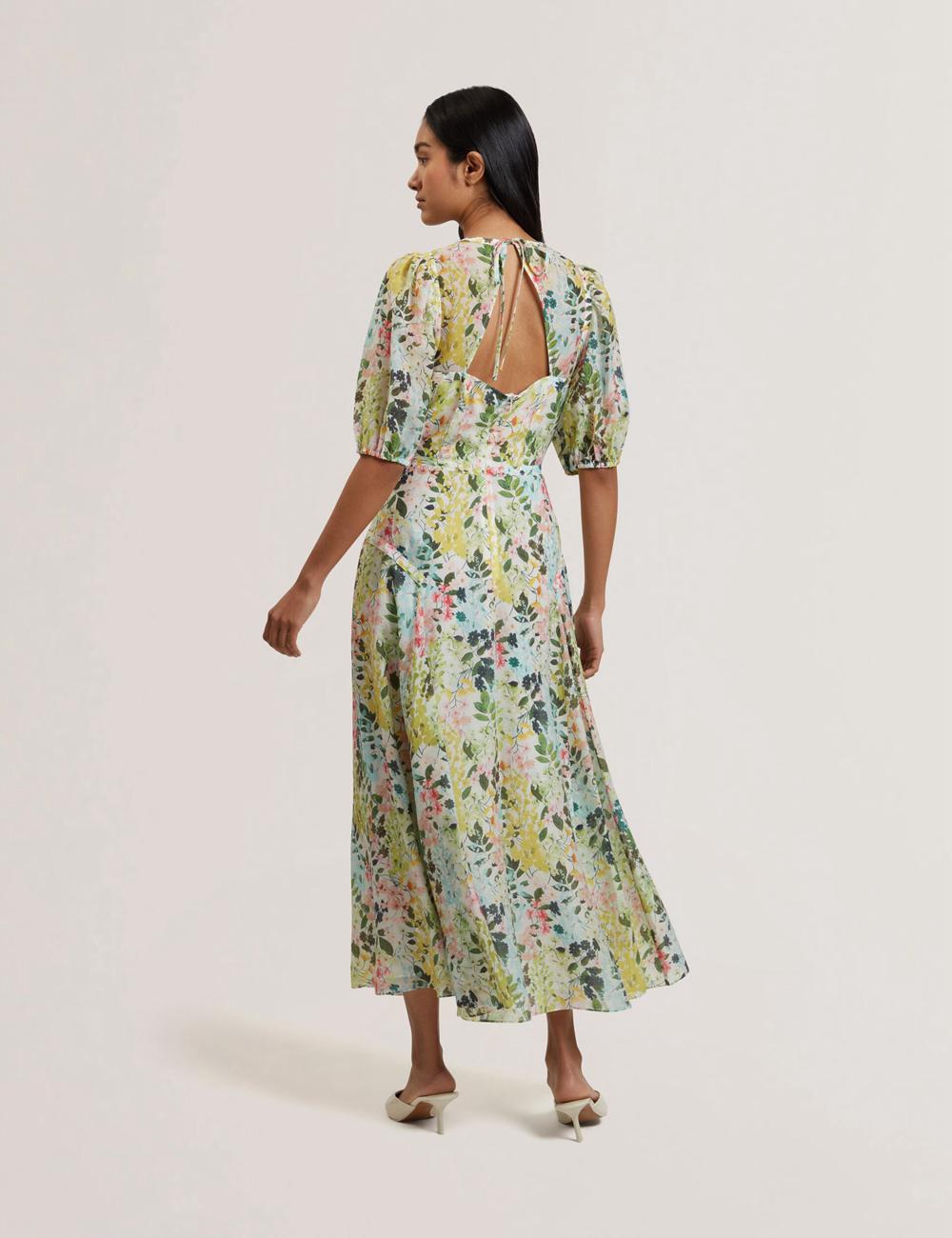 Vestido A Media Pierna Ted Baker KANDEA - Floral Puff Sleeve A-Line Mujer Ivory | RNIM-21745