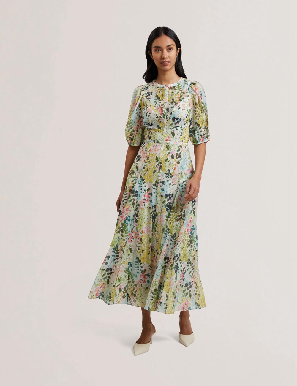 Vestido A Media Pierna Ted Baker KANDEA - Floral Puff Sleeve A-Line Mujer Ivory | RNIM-21745