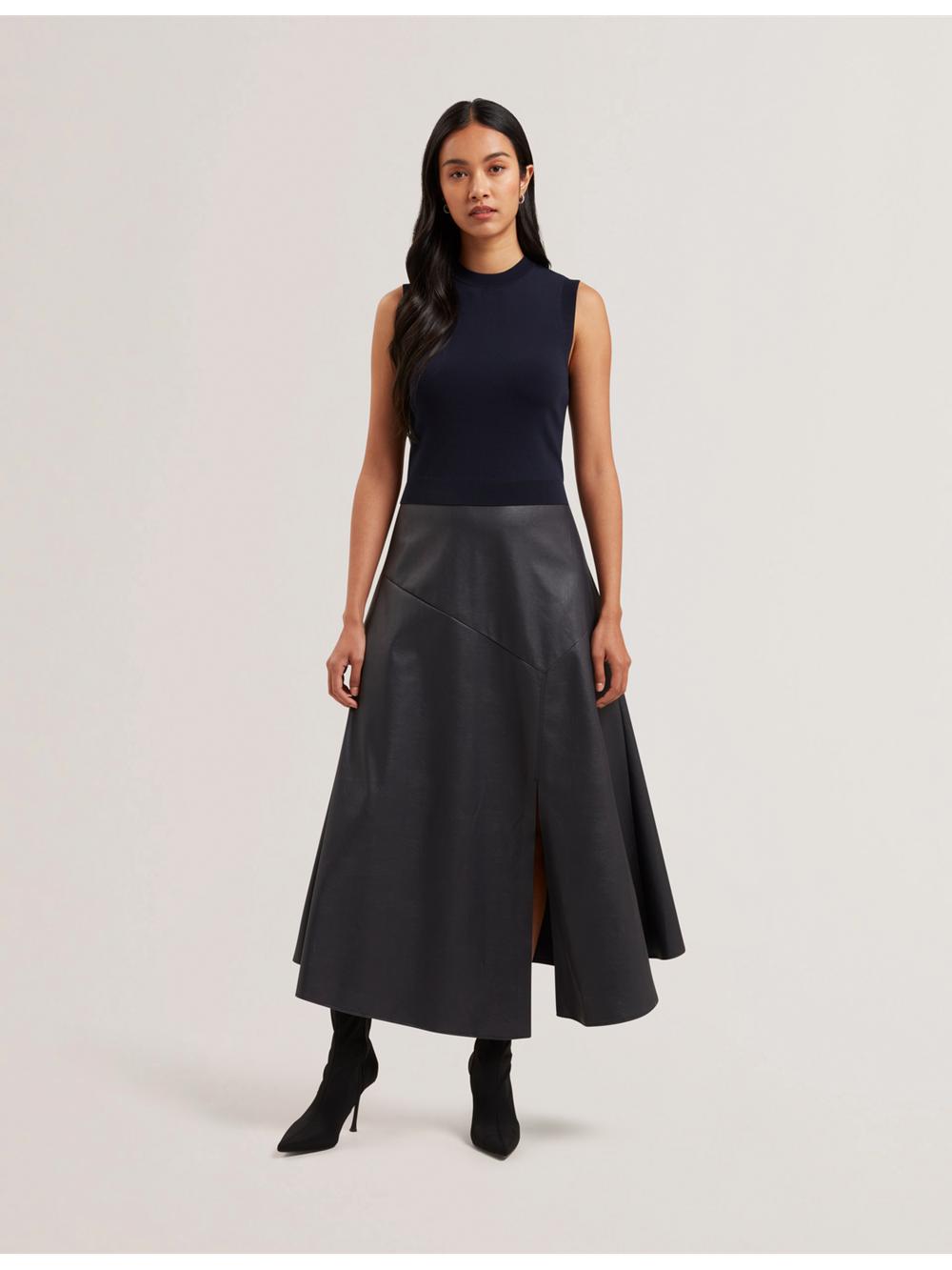 Vestido A Media Pierna Ted Baker LABASA - Sleeveless Knit Faux Leather Mujer Azul Marino | RMGN-79538