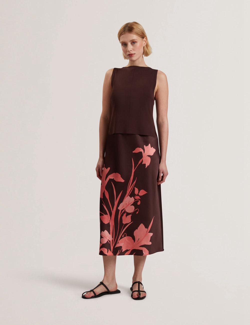 Vestido A Media Pierna Ted Baker LATTENA - Printed Satin With Removable Tank Mujer Marrones | EPFS-23071