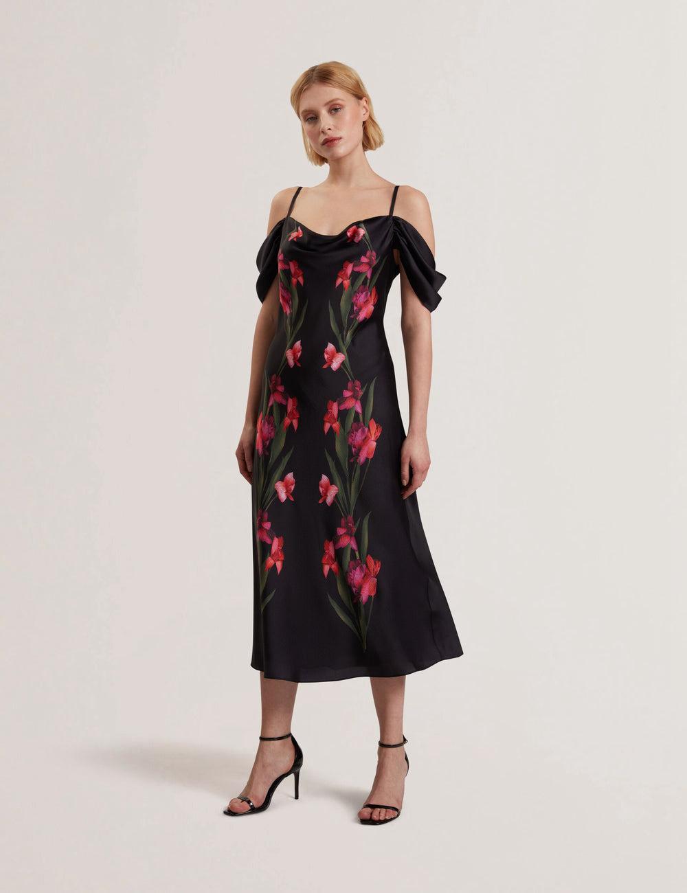 Vestido A Media Pierna Ted Baker LUCERN - Floral Satin Off Shoulder Bias Mujer Negras | ABRN-46217