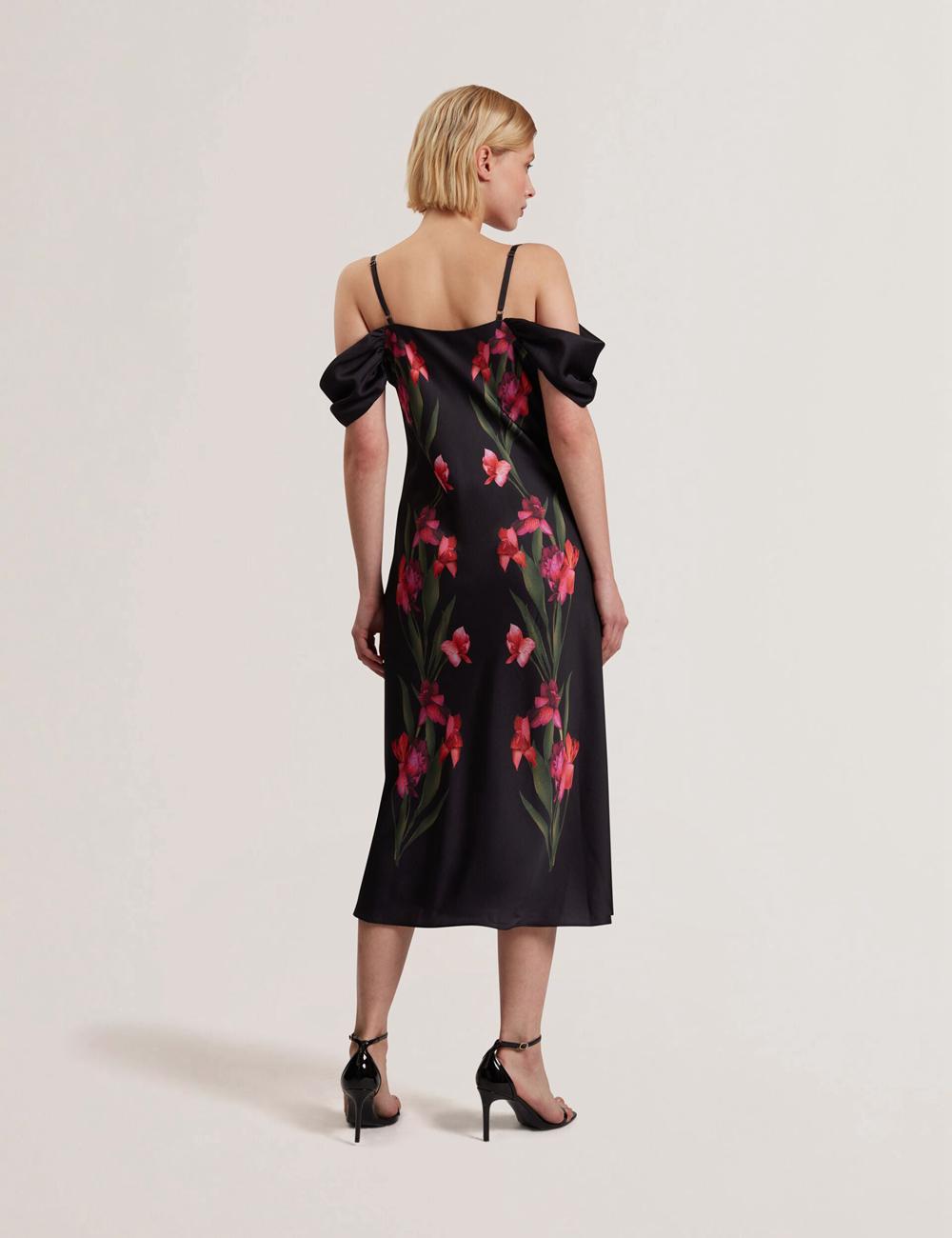 Vestido A Media Pierna Ted Baker LUCERN - Floral Satin Off Shoulder Bias Mujer Negras | ABRN-46217