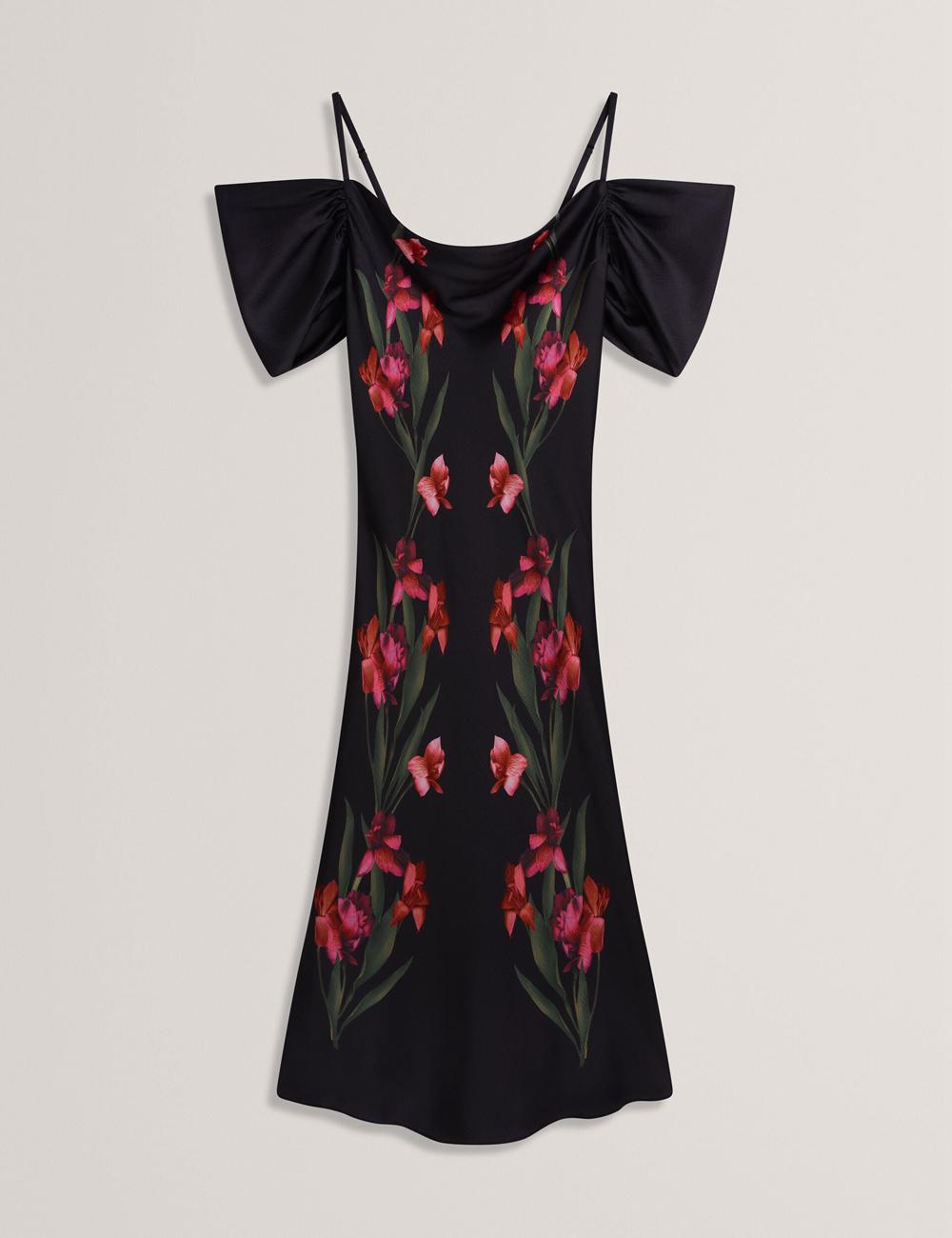 Vestido A Media Pierna Ted Baker LUCERN - Floral Satin Off Shoulder Bias Mujer Negras | ABRN-46217
