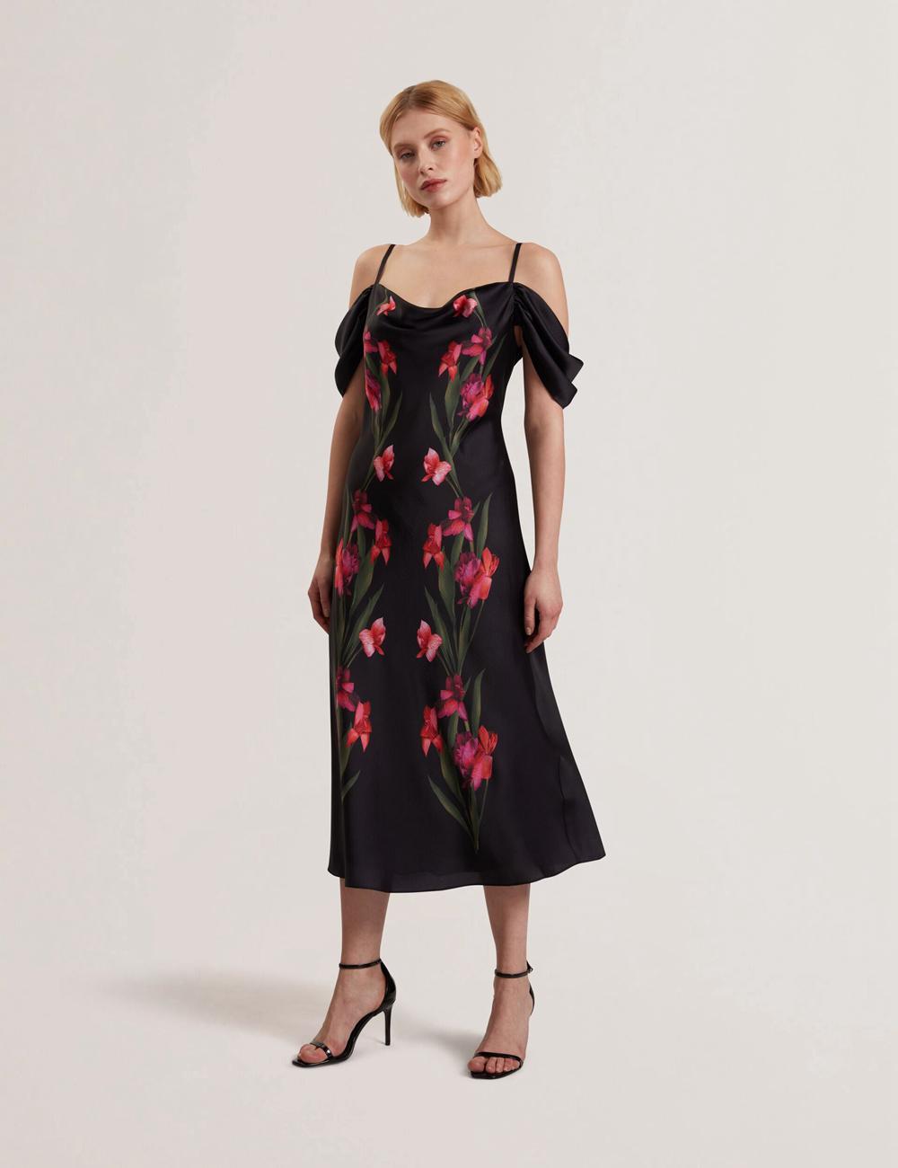Vestido A Media Pierna Ted Baker LUCERN - Floral Satin Off Shoulder Bias Mujer Negras | ABRN-46217