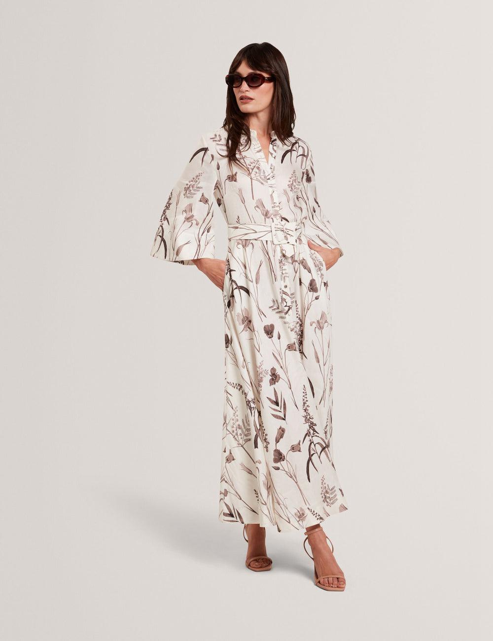 Vestido A Media Pierna Ted Baker LUWISA - Floral Linen Silk Belted Midi Shirt Mujer Ivory | RMIZ-86590