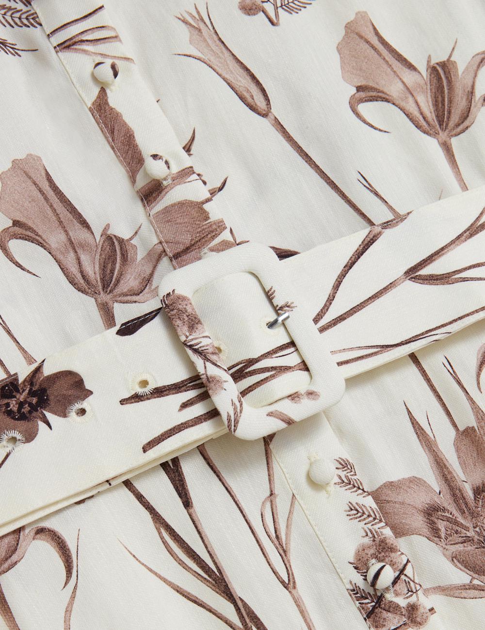 Vestido A Media Pierna Ted Baker LUWISA - Floral Linen Silk Belted Midi Shirt Mujer Ivory | RMIZ-86590