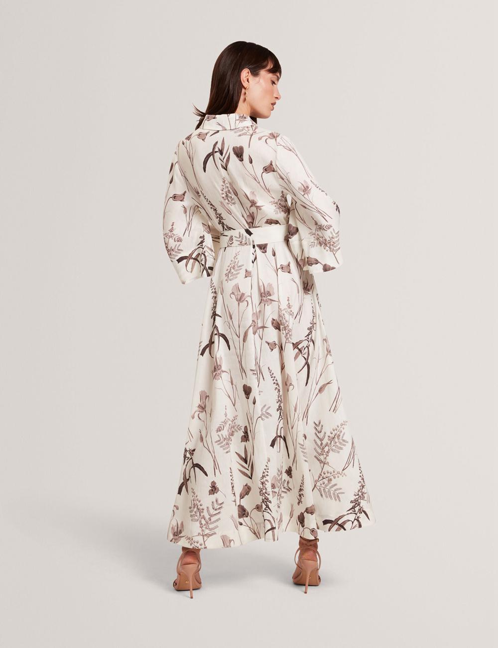 Vestido A Media Pierna Ted Baker LUWISA - Floral Linen Silk Belted Midi Shirt Mujer Ivory | RMIZ-86590