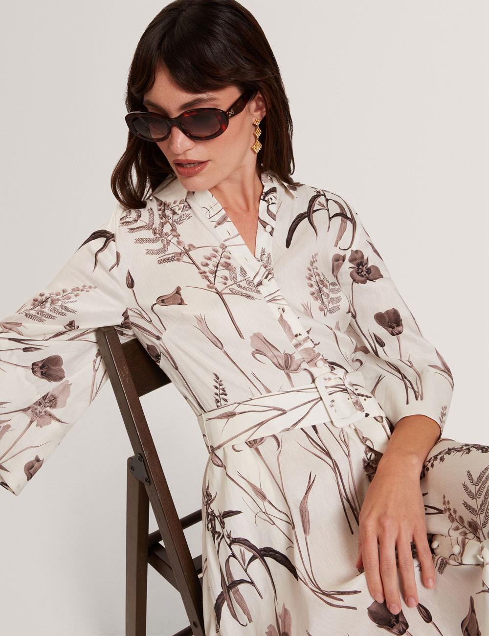 Vestido A Media Pierna Ted Baker LUWISA - Floral Linen Silk Belted Midi Shirt Mujer Ivory | RMIZ-86590