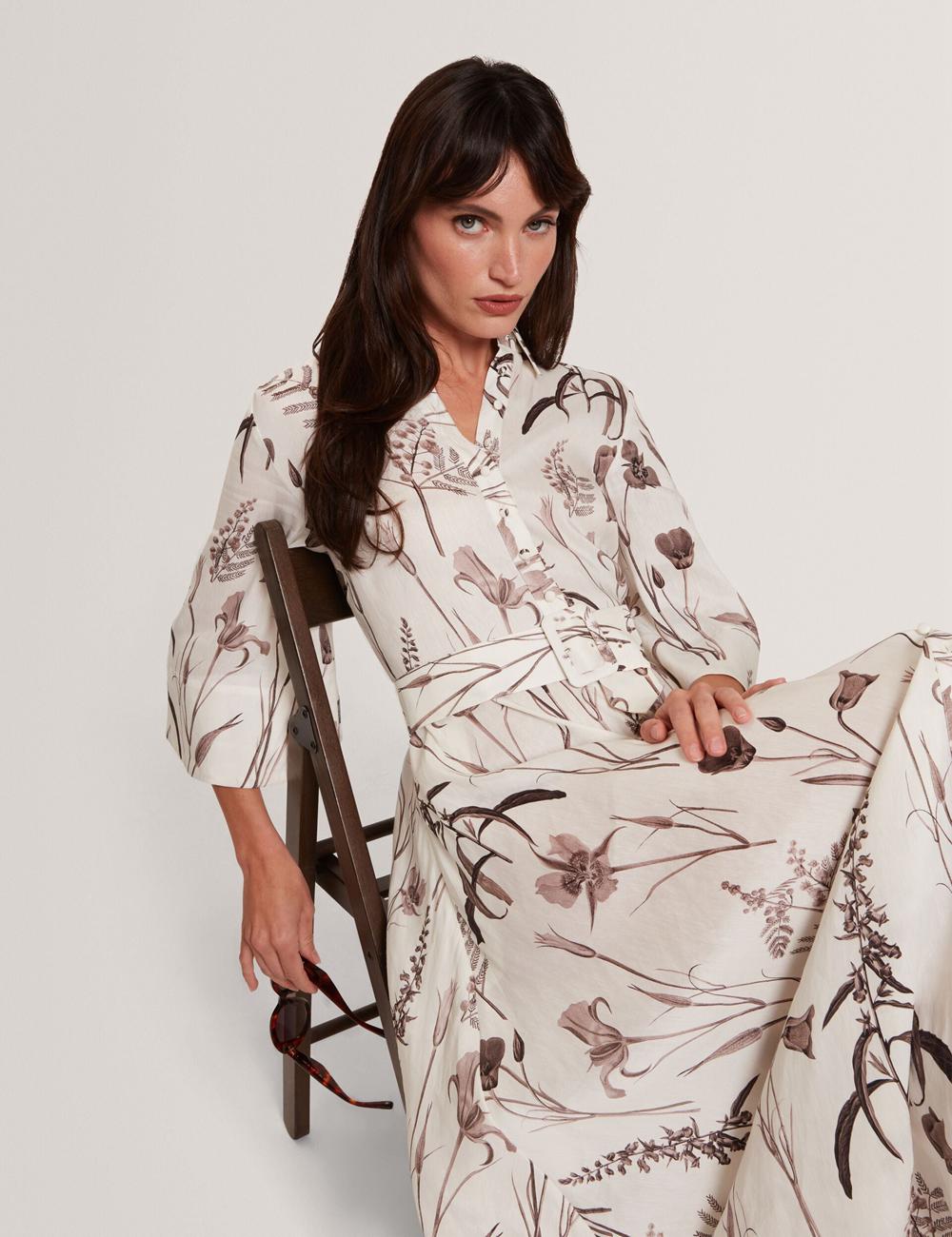 Vestido A Media Pierna Ted Baker LUWISA - Floral Linen Silk Belted Midi Shirt Mujer Ivory | RMIZ-86590