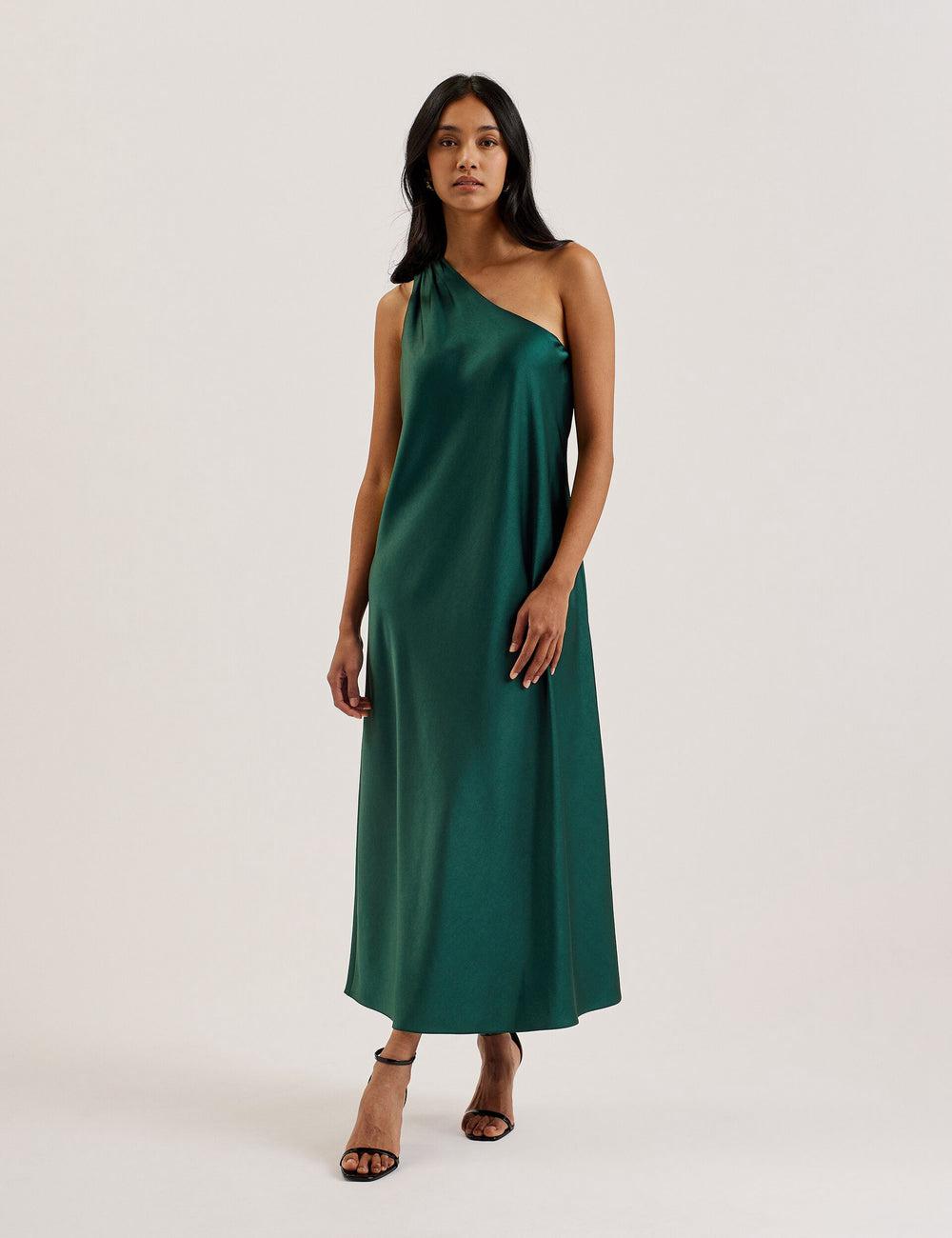 Vestido A Media Pierna Ted Baker MELGAR - Satin One Shoulder Mujer Verde | SVNP-89654