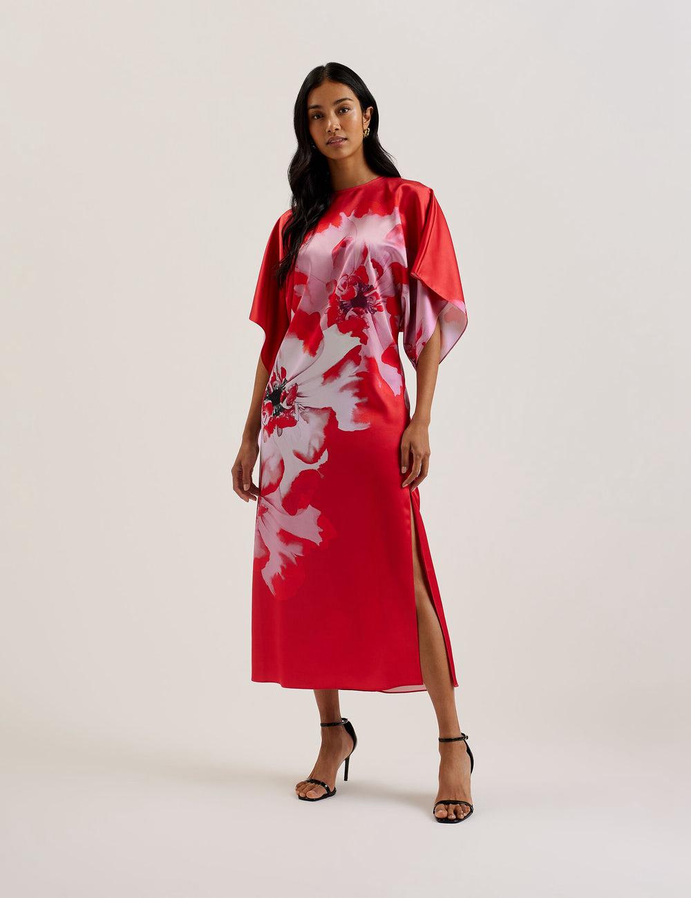 Vestido A Media Pierna Ted Baker NASINU - Printed Satin Batwing Sleeve Mujer Rojas | ZPNS-30495