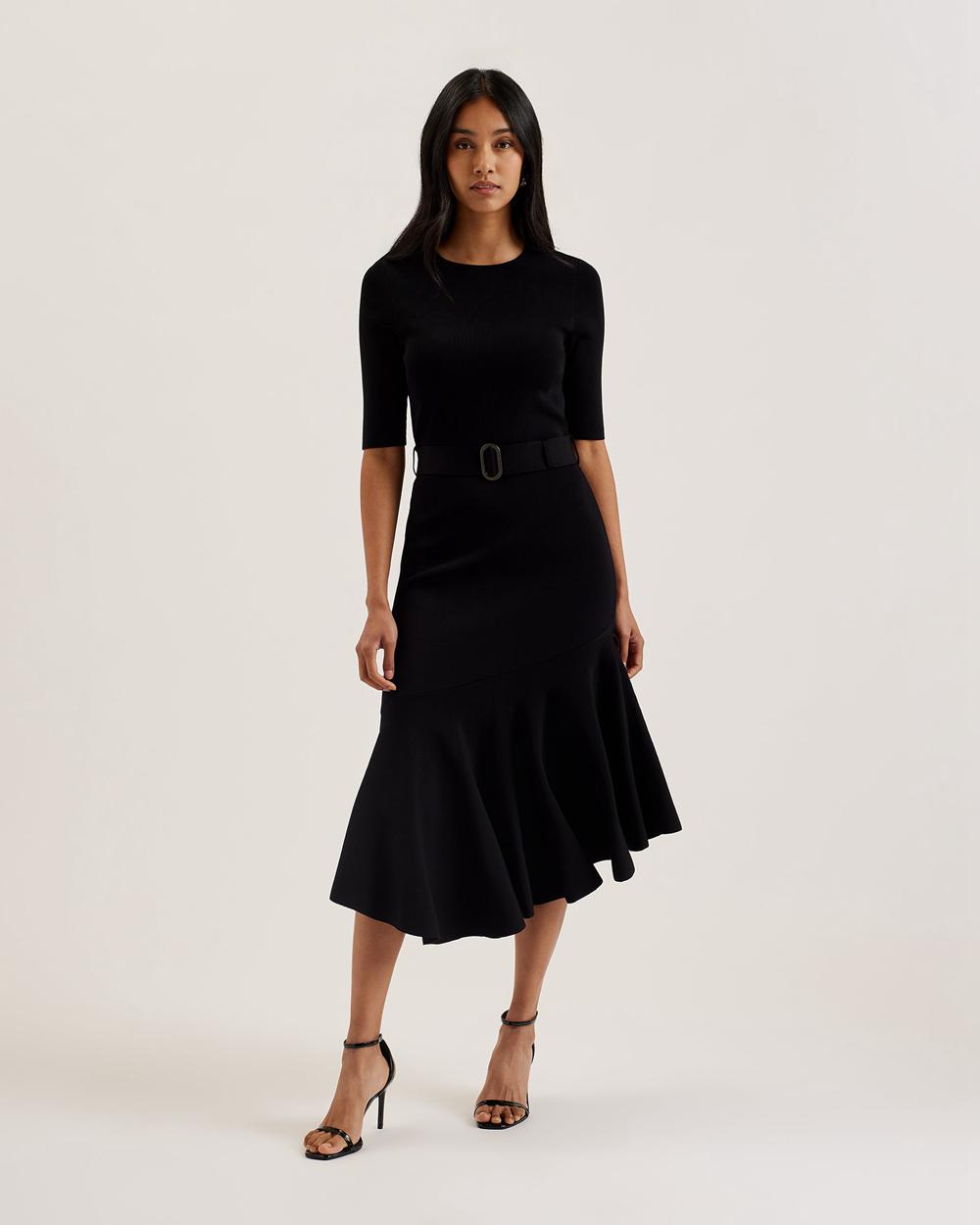Vestido A Media Pierna Ted Baker SAMALEE - Flippy Hem Knitted Mujer Negras | TUJX-27103