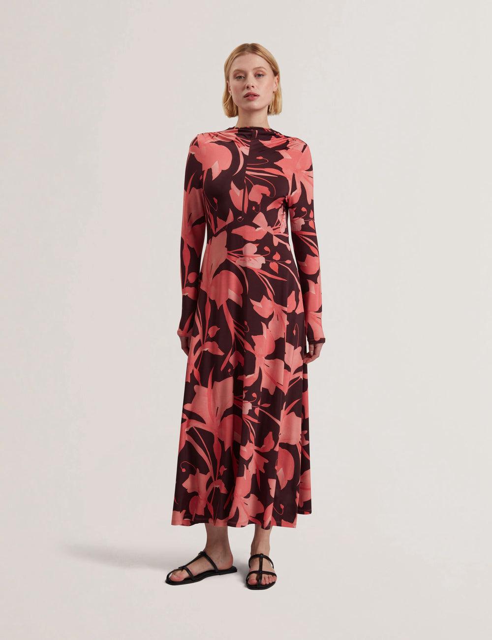 Vestido A Media Pierna Ted Baker STARLAH - Slinky Printed Jersey Long Sleeve Mujer Marrones | LHIY-58429