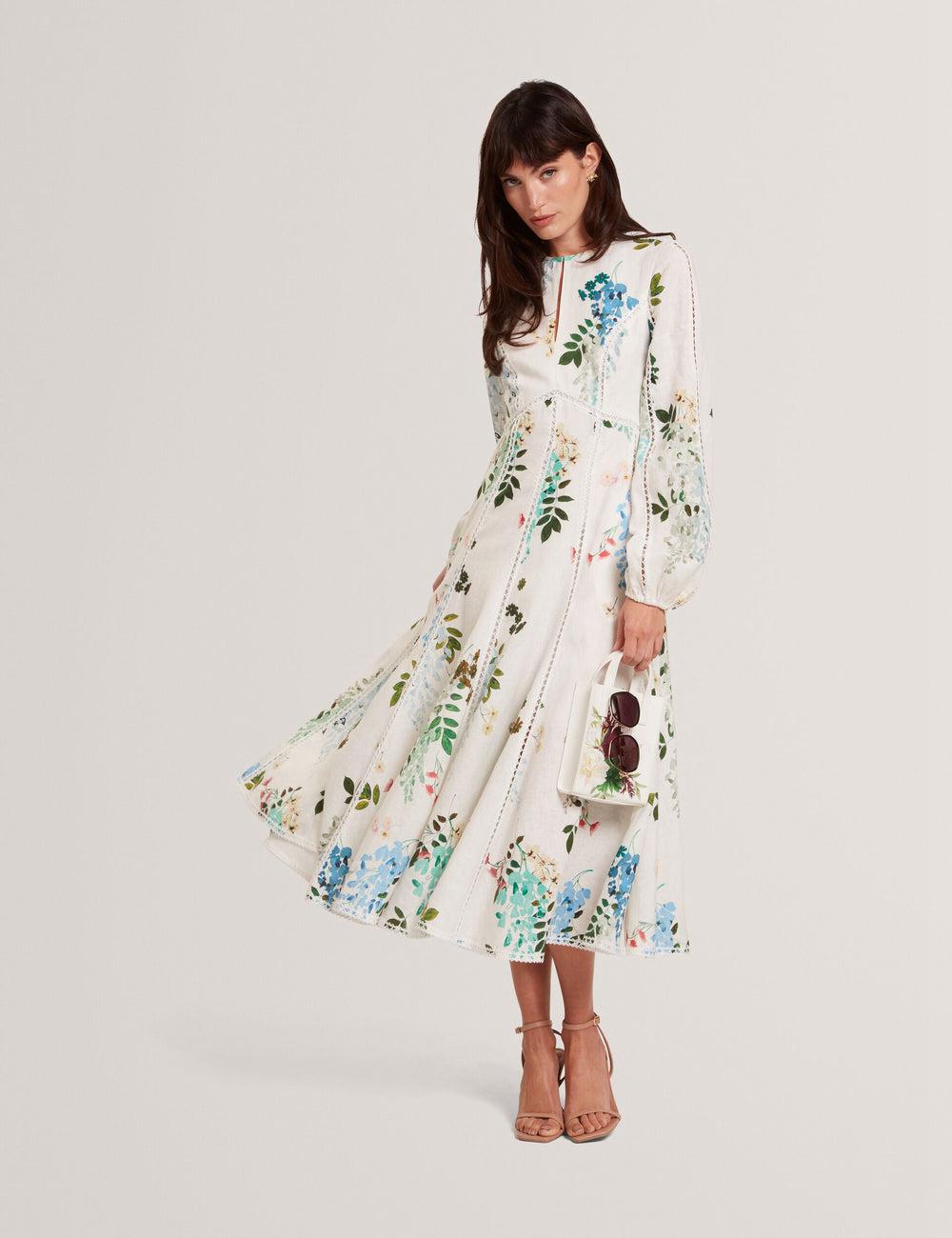 Vestido A Media Pierna Ted Baker UTALA - Floral Crochet Trim Linen Mujer Blancas | RTSQ-16890