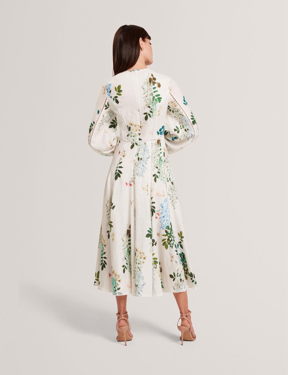 Vestido A Media Pierna Ted Baker UTALA - Floral Crochet Trim Linen Mujer Blancas | RTSQ-16890
