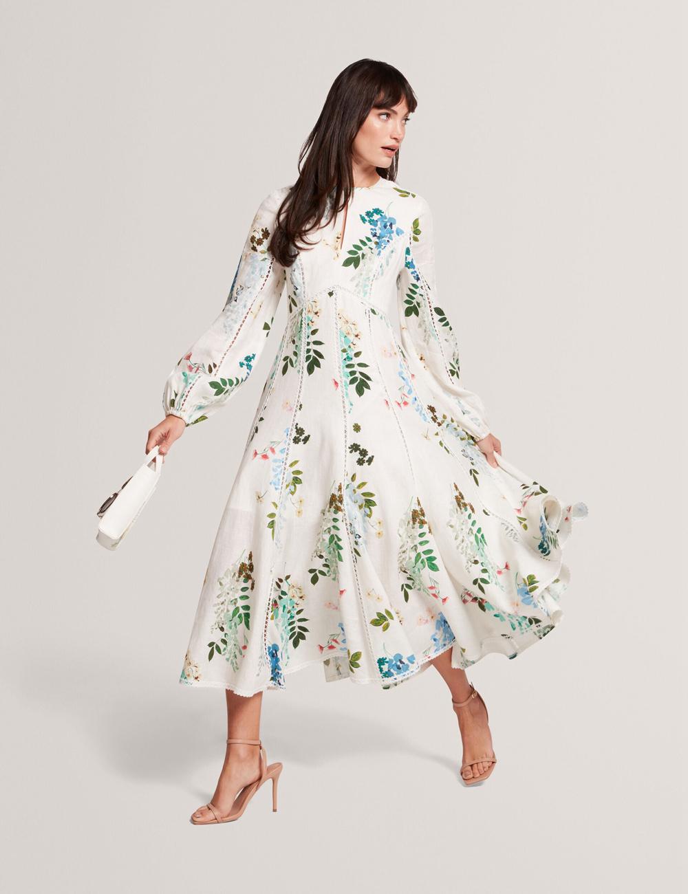 Vestido A Media Pierna Ted Baker UTALA - Floral Crochet Trim Linen Mujer Blancas | RTSQ-16890