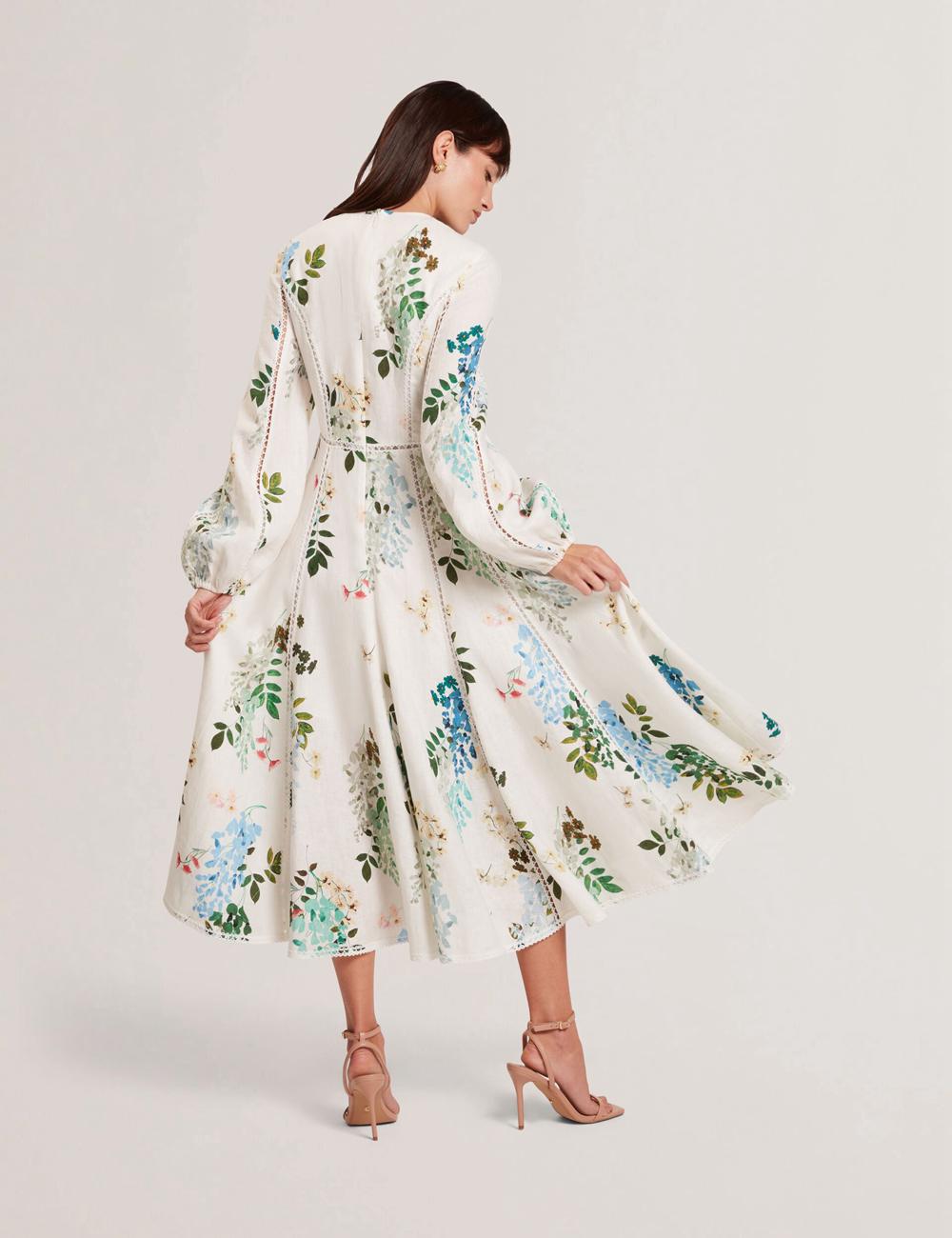 Vestido A Media Pierna Ted Baker UTALA - Floral Crochet Trim Linen Mujer Blancas | RTSQ-16890