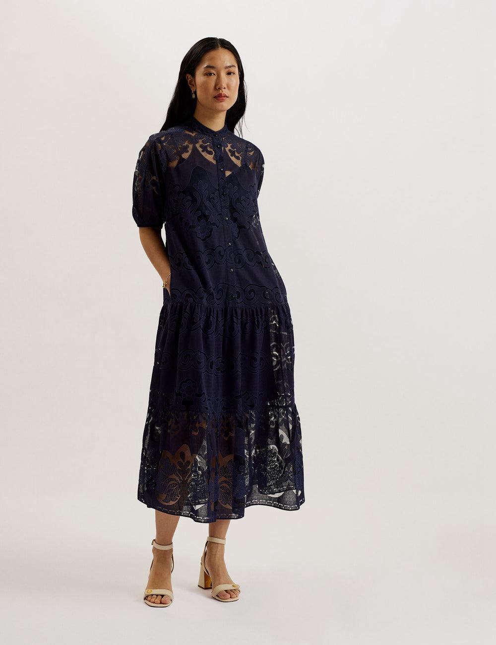 Vestido A Media Pierna Ted Baker XATIVA - Lace Puff Sleeve Midi Shift Mujer Azules | EDVX-82614