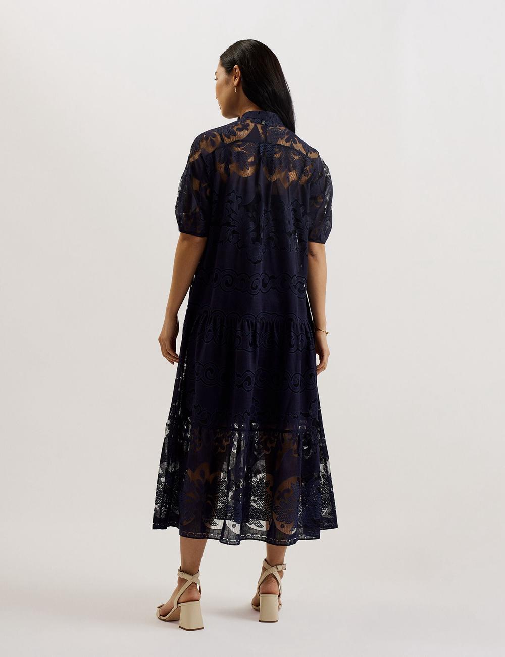 Vestido A Media Pierna Ted Baker XATIVA - Lace Puff Sleeve Midi Shift Mujer Azules | EDVX-82614