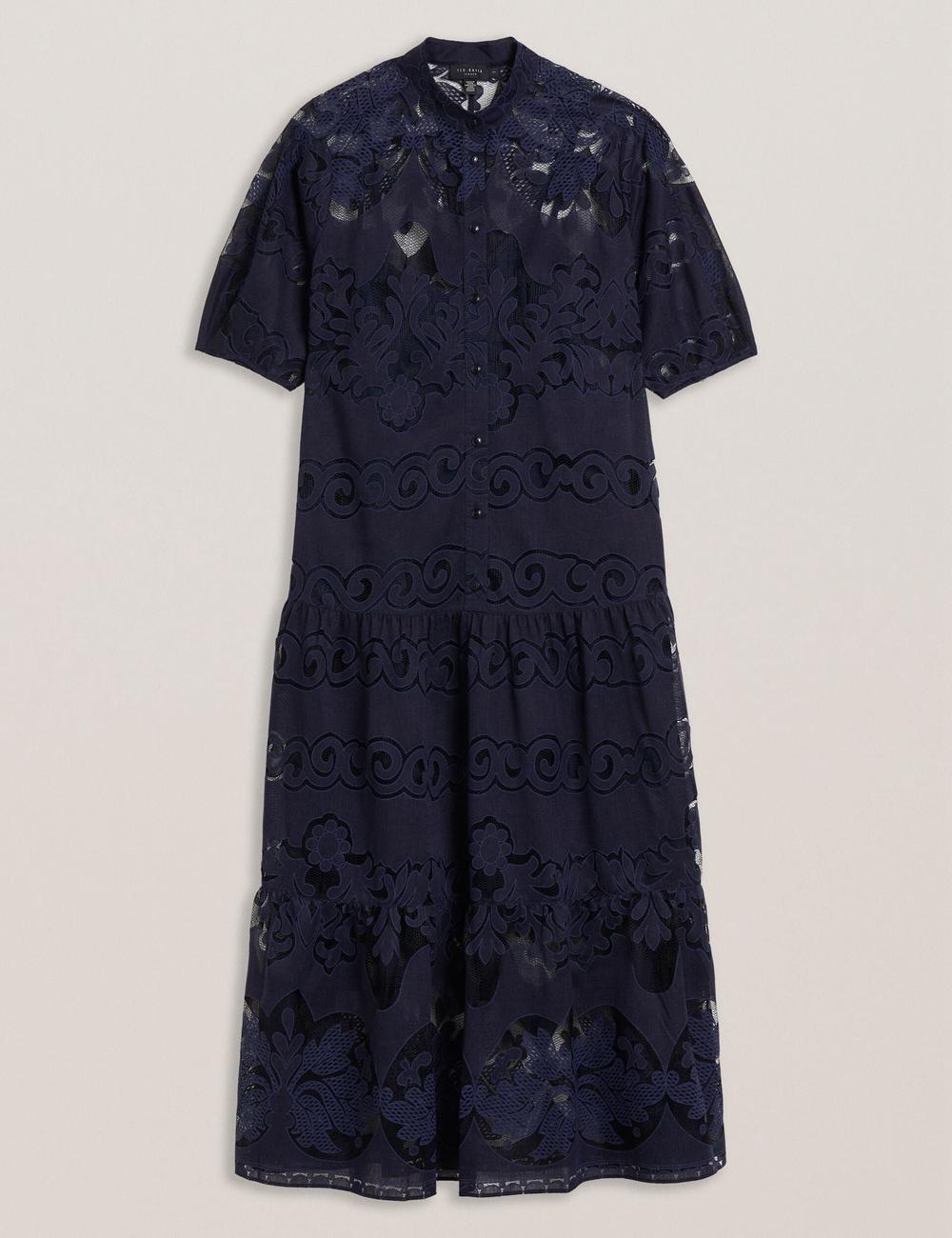 Vestido A Media Pierna Ted Baker XATIVA - Lace Puff Sleeve Midi Shift Mujer Azules | EDVX-82614
