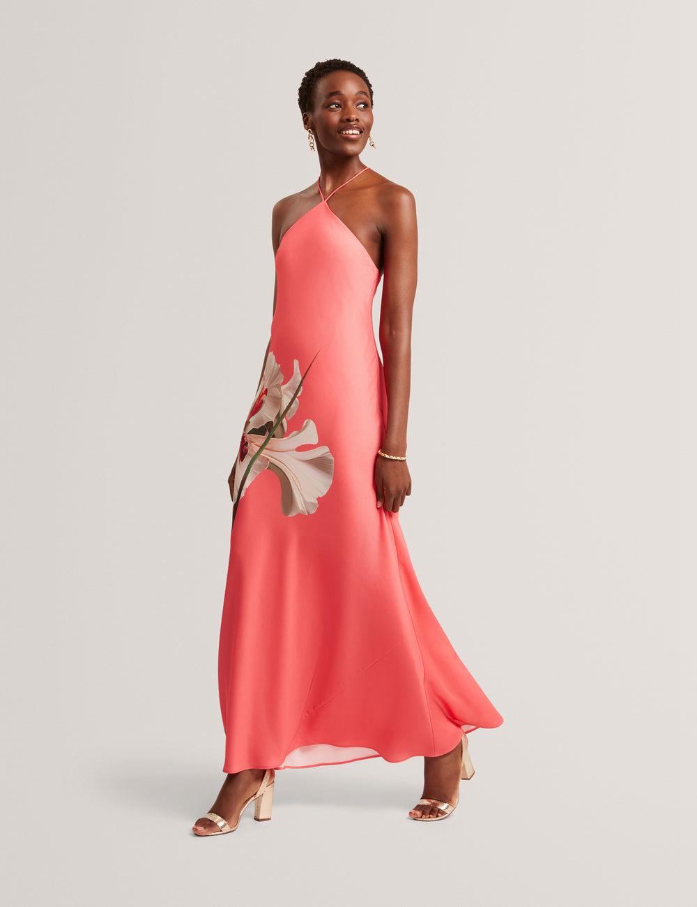 Vestido Largo Ted Baker AJIMA - Floral Graphic Halter Neck Satin Mujer Coral | DENL-73269