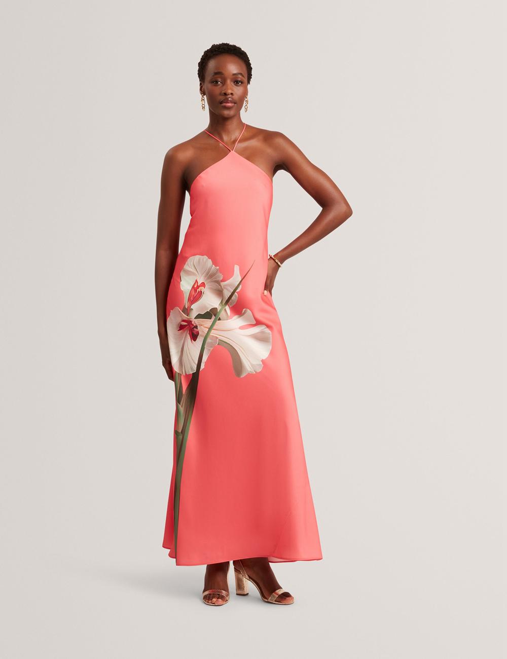 Vestido Largo Ted Baker AJIMA - Floral Graphic Halter Neck Satin Mujer Coral | DENL-73269
