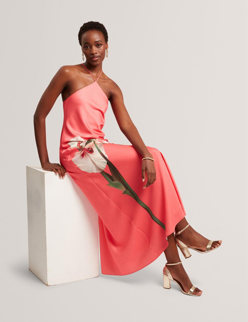 Vestido Largo Ted Baker AJIMA - Floral Graphic Halter Neck Satin Mujer Coral | DENL-73269