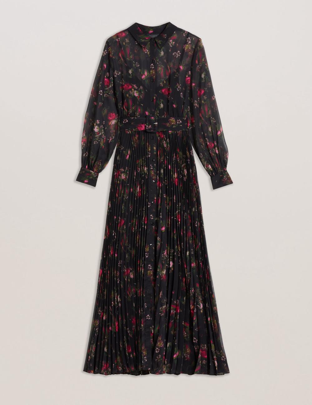 Vestido Largo Ted Baker CEIBA - Floral Print Pleated Maxi Shirt Mujer Negras | BPHO-35649