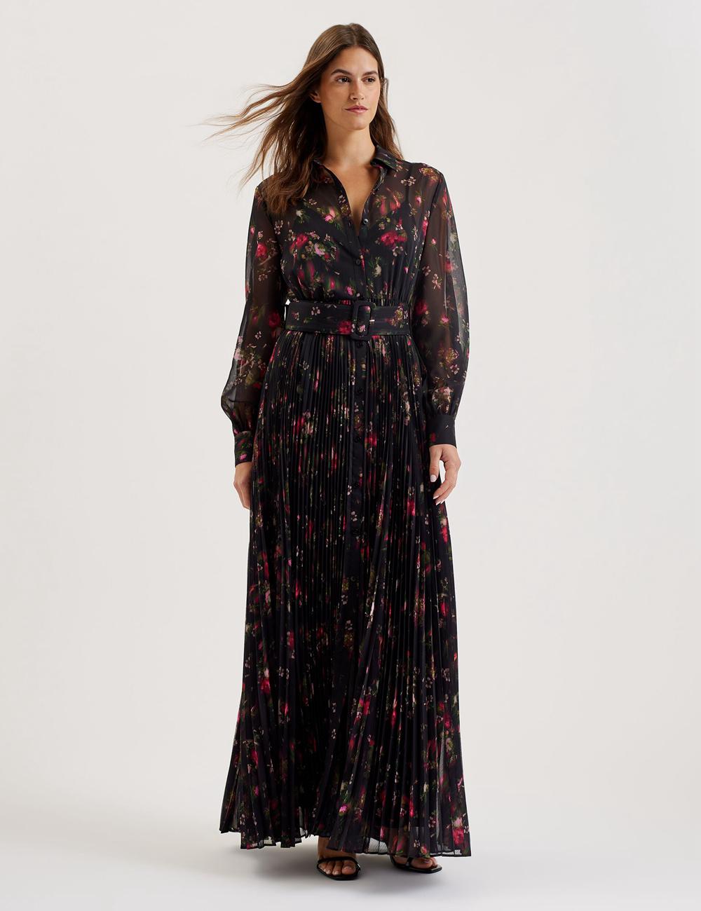 Vestido Largo Ted Baker CEIBA - Floral Print Pleated Maxi Shirt Mujer Negras | BPHO-35649