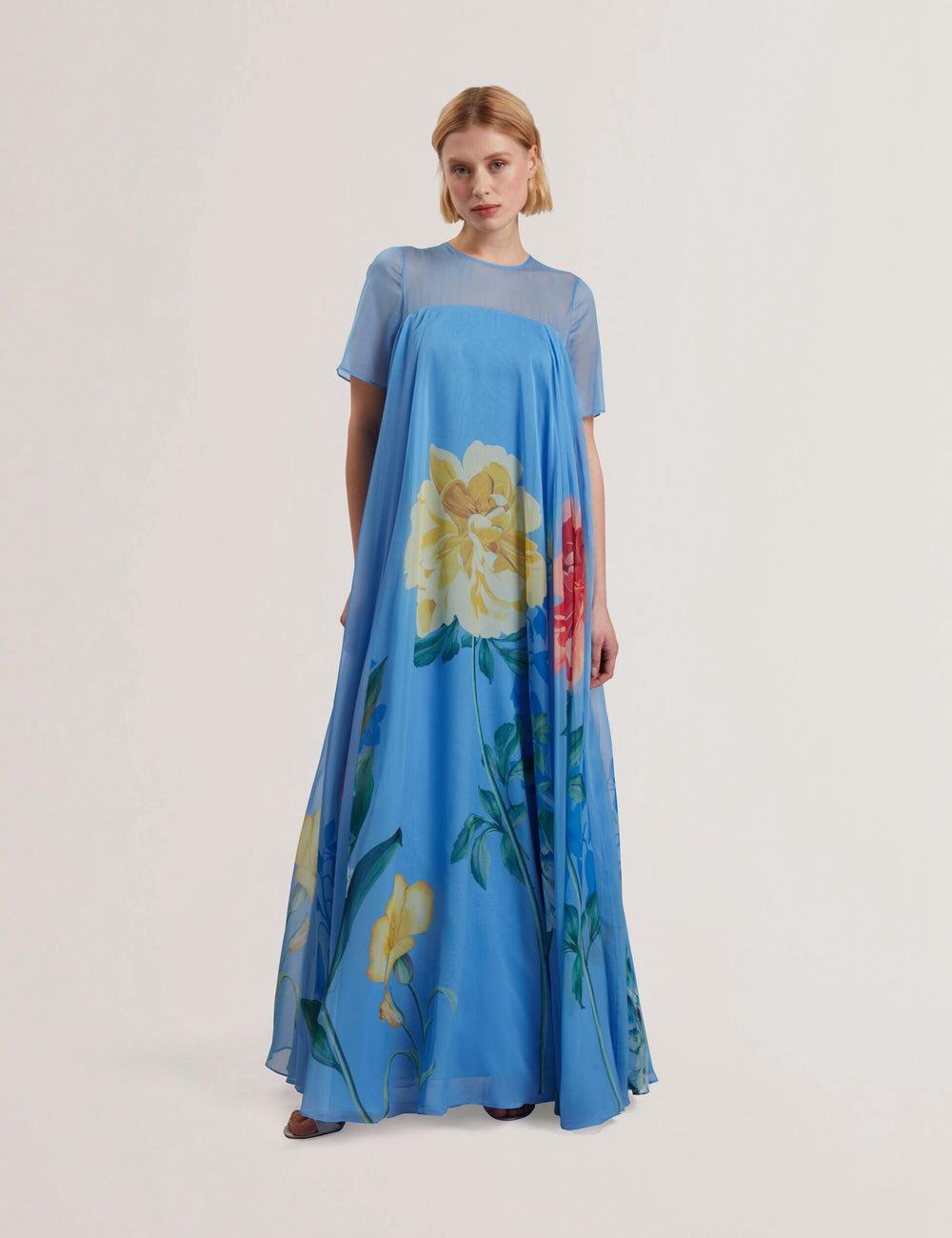 Vestido Largo Ted Baker MALRIE - Sheer Neck Floral Trapeze Mujer Azules | MLWY-20357