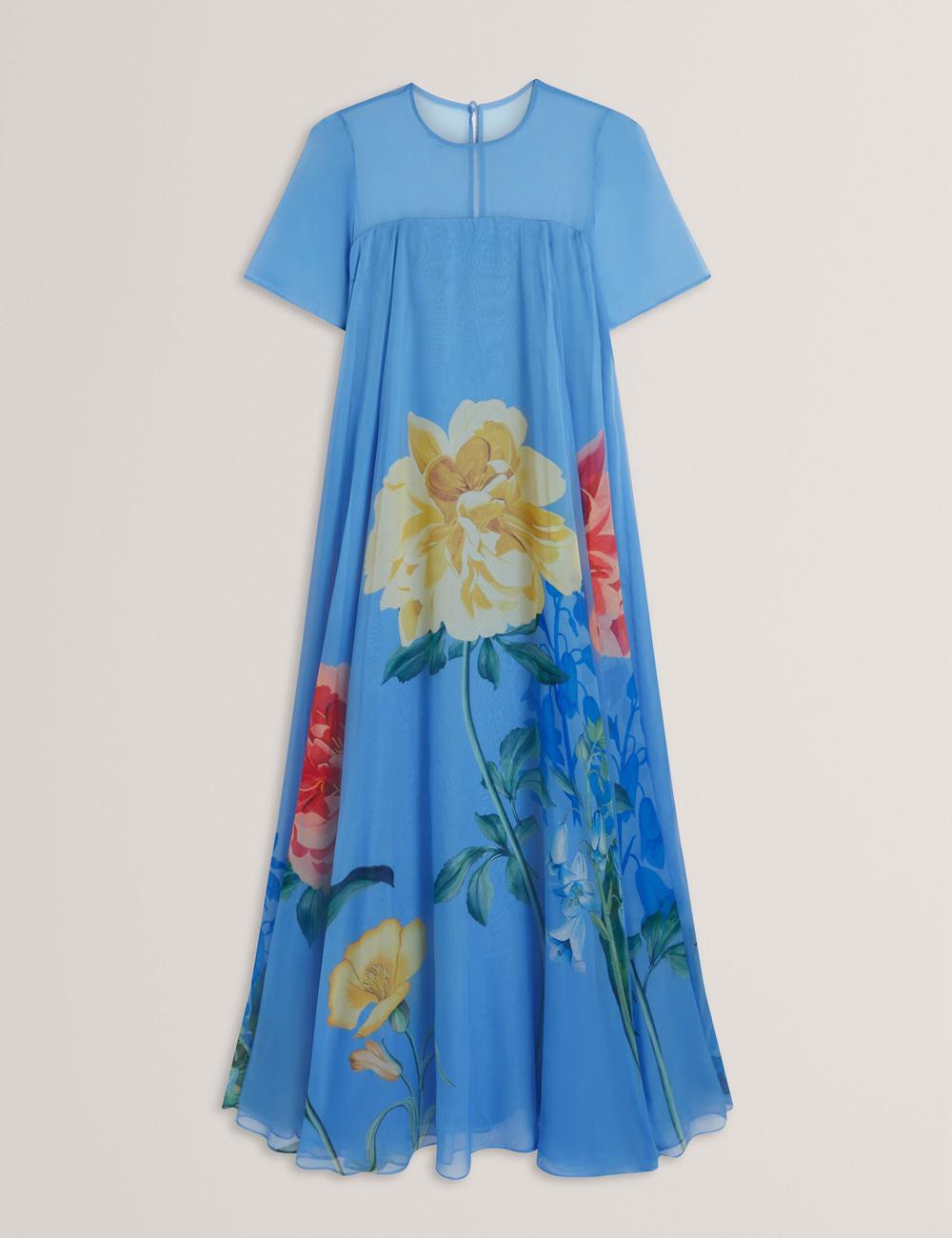 Vestido Largo Ted Baker MALRIE - Sheer Neck Floral Trapeze Mujer Azules | MLWY-20357